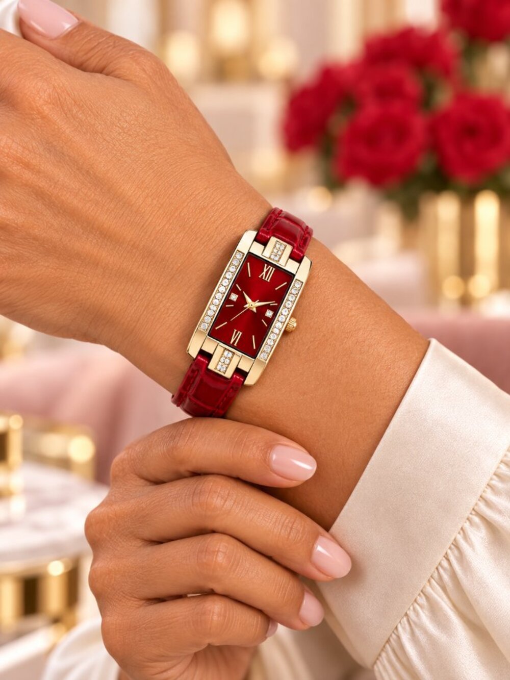 Women’s Ruby Red Rectangular Rhinestone Quartz Dress Watch - Picture 3 of 3